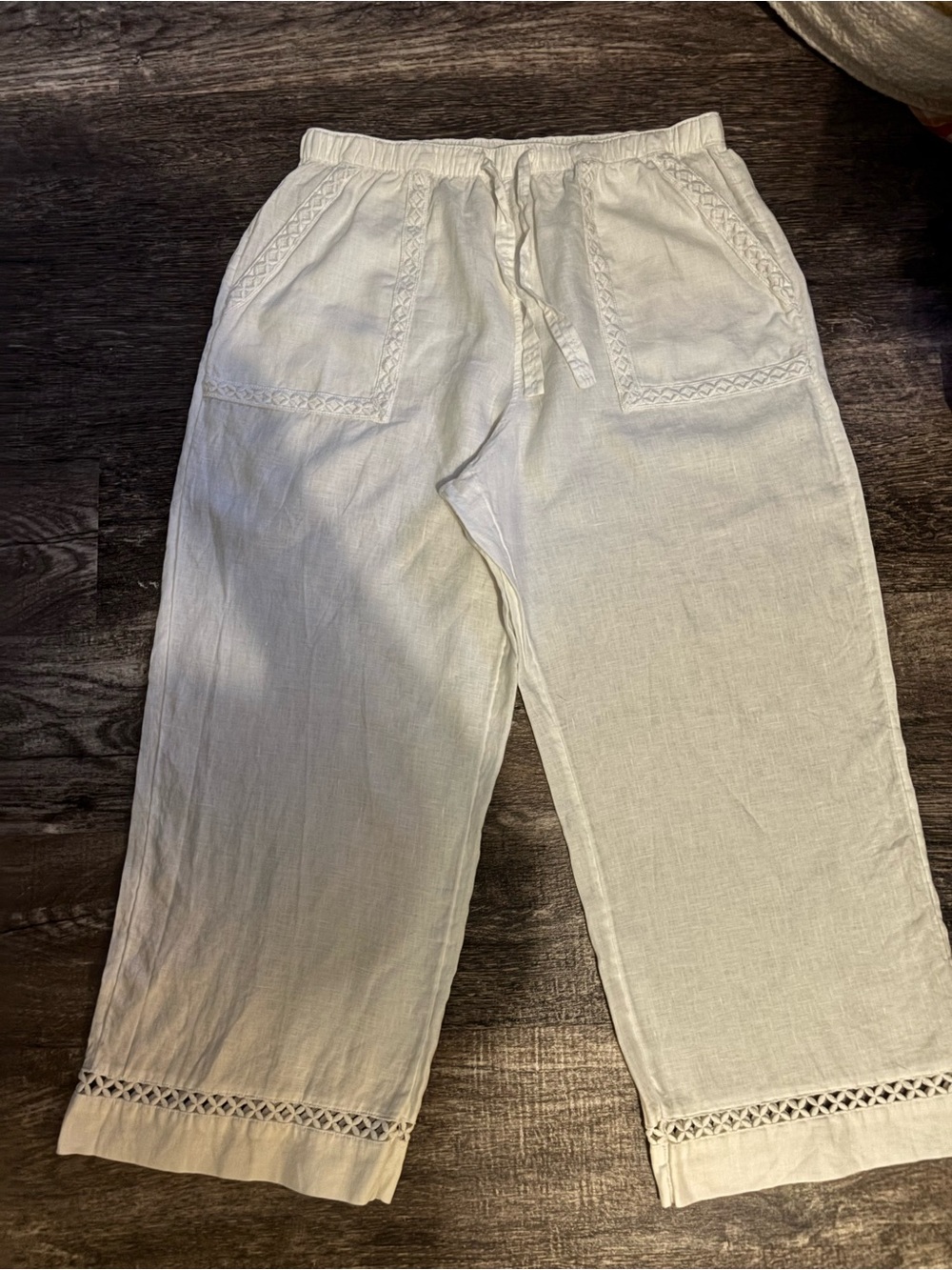 Joie White Wide-Leg Linen Pants with Crochet Trim - Picture 5 of 10